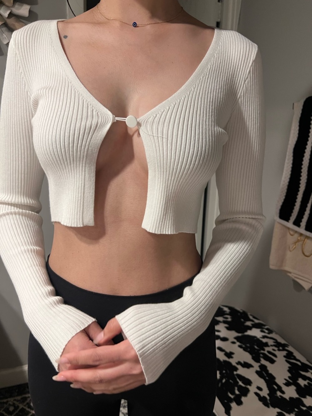 Ribbed Long-Sleeve Cropped Cardigan - White